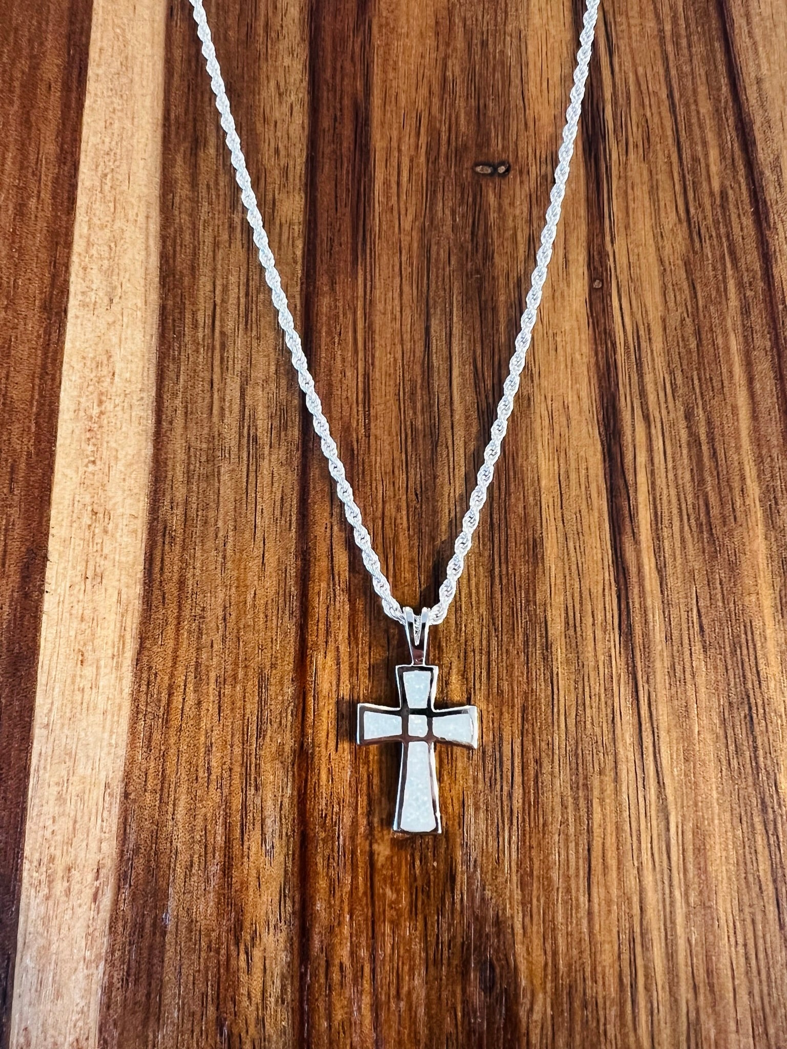 thumbnail interactive-video image 1 of Opalite Crystal Cross Pendant + 20" Stainless Steel Chain – Zenergy Gems 1 of 4